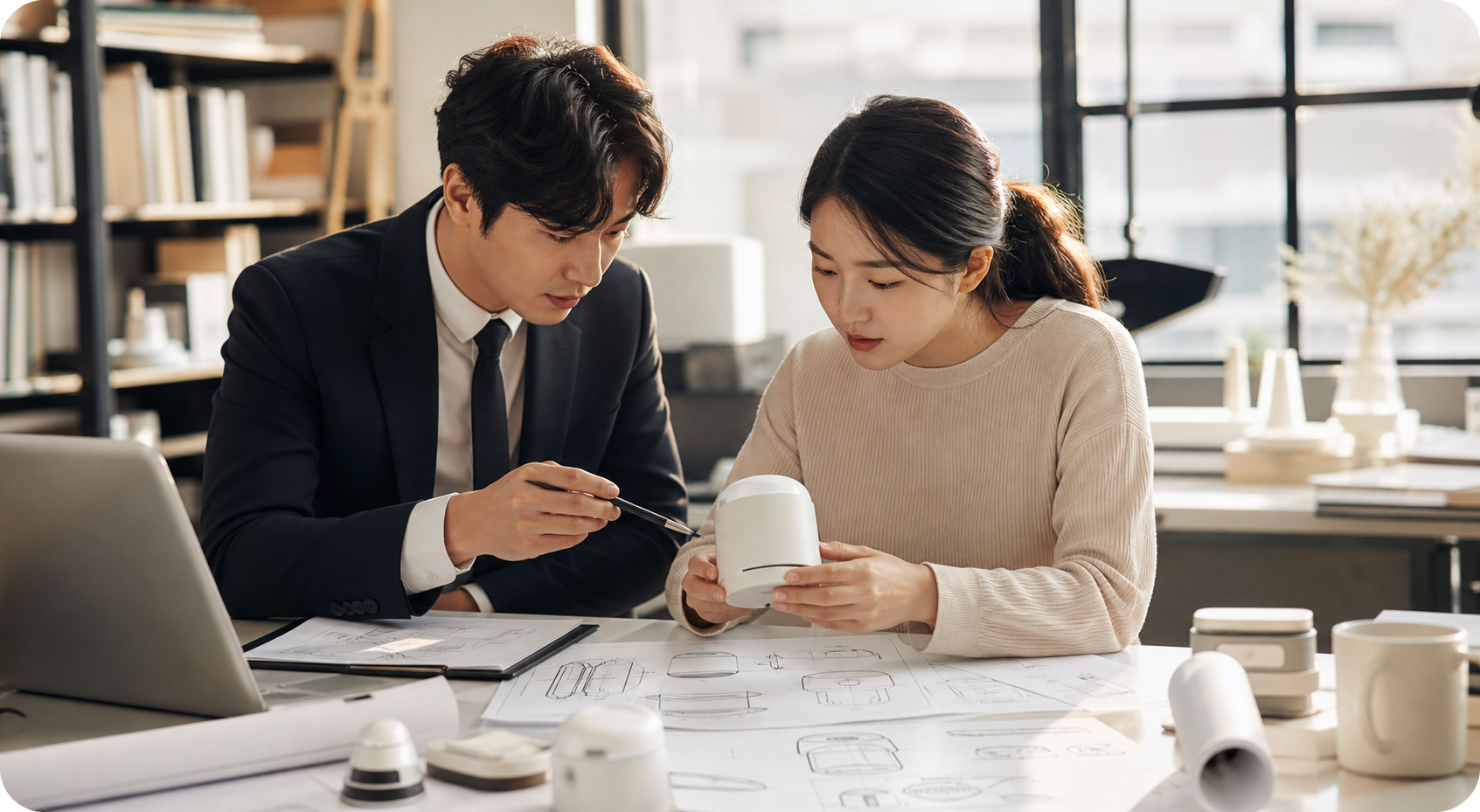 특허와 디자인을 검토하는 자문 장면